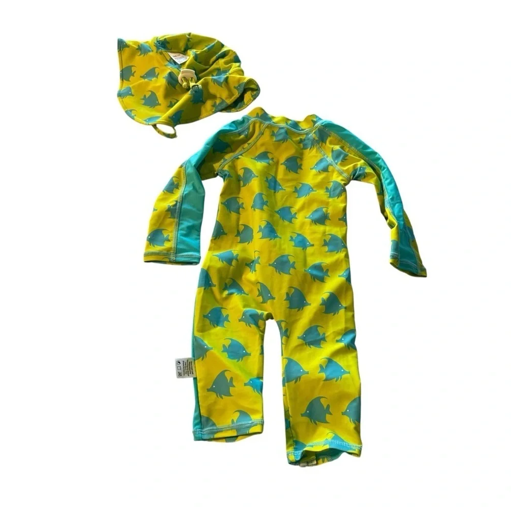 Yellow and Teal Fish Print Baby Swimsuit with Hat